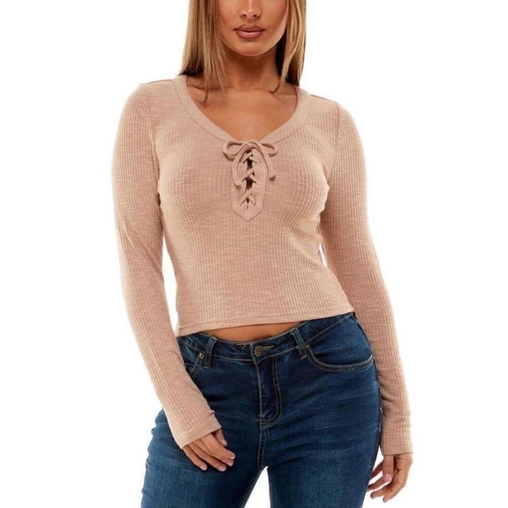 New Crave Fame Juniors Lace-Up Cropped Top,Warm Taupe, shirt long sleeve L